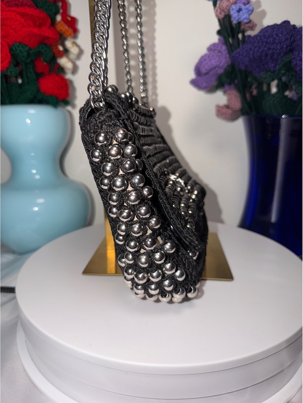 Kurt Geiger Black Crochet Bag with Silver Bead Embellishments EUC - Picture 4 of 10